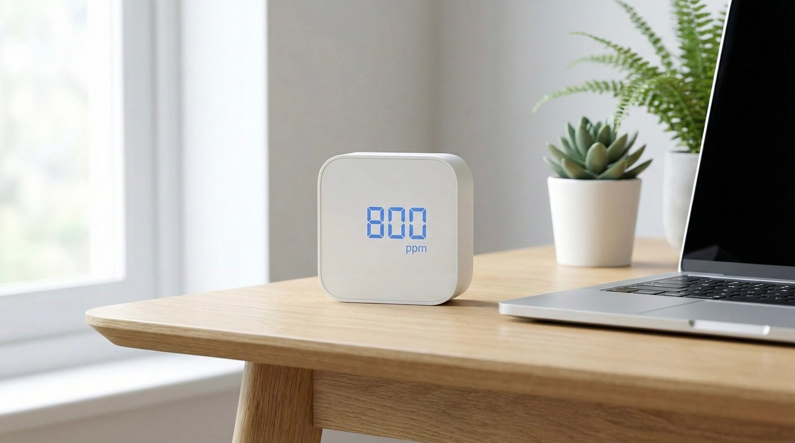 A digital CO2 monitor for home office sitting on a minimalist desk next to a laptop, showing air quality readings.