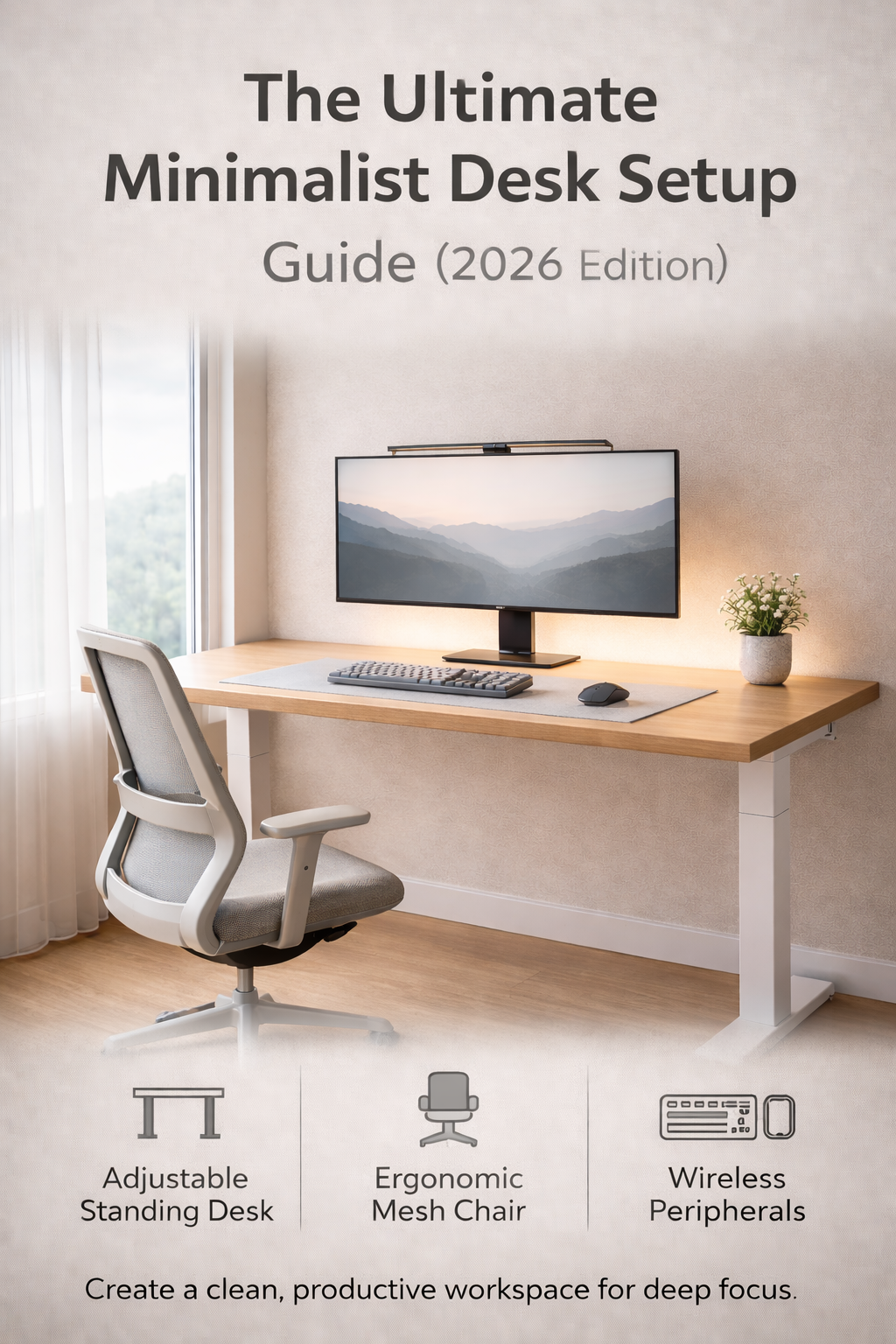 Minimalist home office desk setup with warm lighting, silent mouse, and clean workspace for 2026.