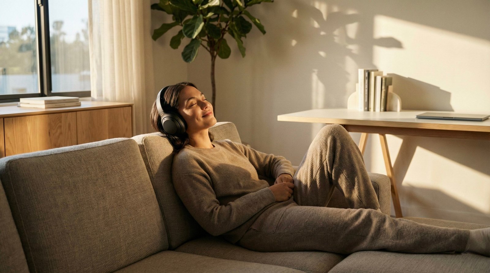 A person relaxing on a sofa wearing noise-canceling headphones in a sunlit home office, practicing NSDR.